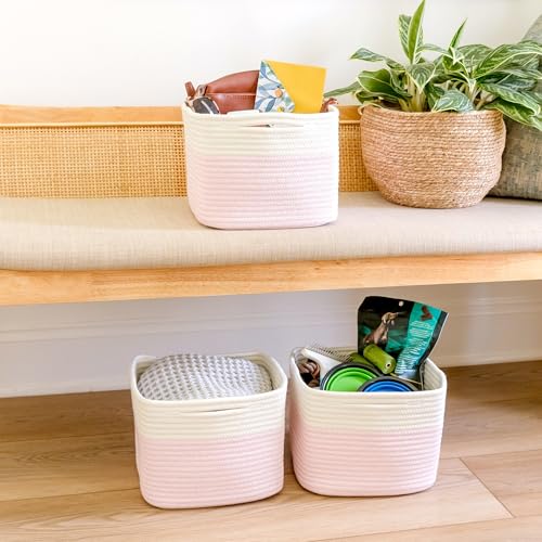 Storage Cubes 9”x9”x7”Cotton Rope Woven Baskets for Organizing 3 (Off White & Mixed Pink)