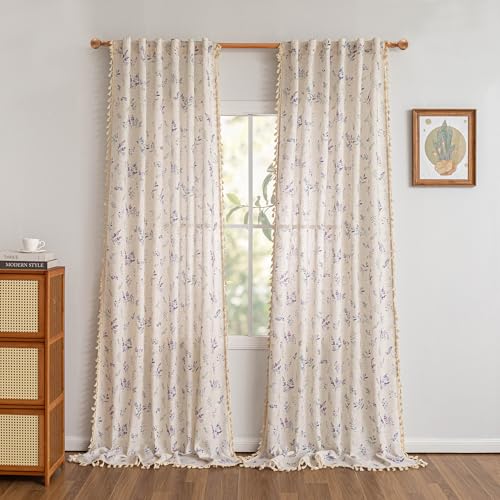 Floral Linen Boho Curtains 96 Inches Length for Living (Purple / 50"W x 96"L (Pack of 2))