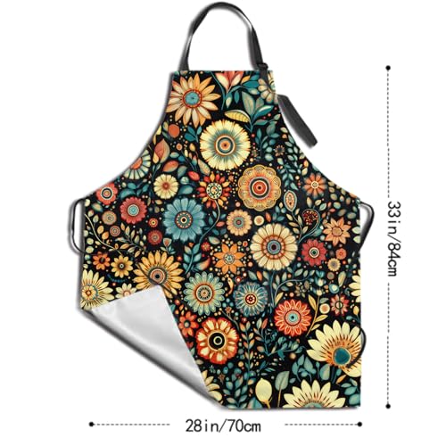 Boho Floral Adjustable Apron Colorful Flowers Printed Apron for Kitchen Cooking Griling Gardening (33" x 28"(Pack of 1) / Boho Flora Black)