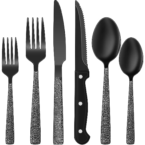 24 Piece Black Silverware Set with Steak Knives (Hammered Edge)