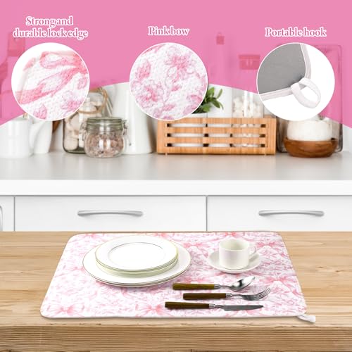 2 Pcs Pink Bow Dish Drying Mats for Kitchen Counter 18 x 24 Inch (Pink Bow)