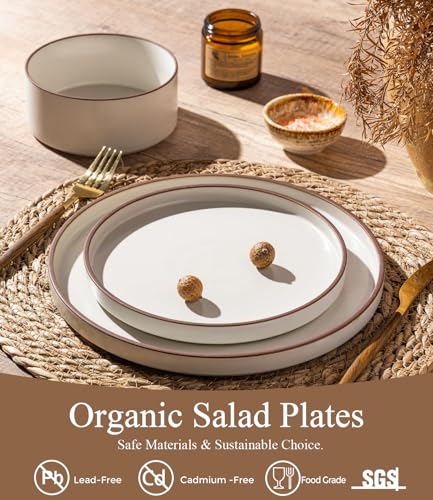 Ceramic Salad Plates Set of 6 (Dusted White-Coffee Rim / 8.0Inch-6pcs)