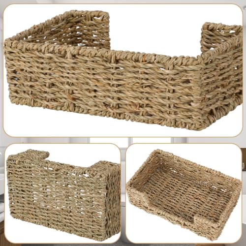 Bathroom Disposable Guest Towel Napkin Holder Long Seagrass Woven Rattan Wicker Table Dinner Paper Hand Guest Towel Napkin Basket Tray Caddy for Kitchen (L9.3" X W5.5" X H2.8")