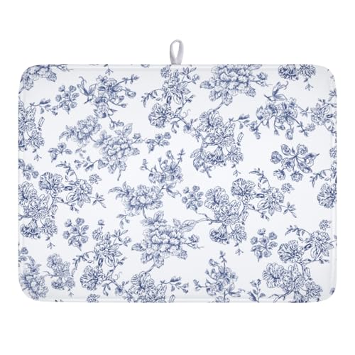 Blue Floral Dish Drying Mat for Kitchen Counter Chinoiserie Flower Microfiber Dish Drainer Mat Vintage Rustic Elegant Absorbent Washable Drying Pad Extra Large 18"x24" (Elegant Blue Flower / 24" x 18")