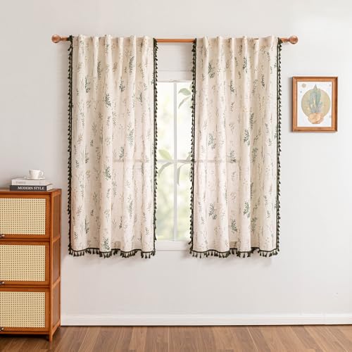 Floral Farmhouse Linen Boho Curtains 63 inch Length with Green Tassels Semi Sheer Privacy Protect Back Tab Spring Rustic Country Window Treatment for Bedroom Cafe (Green / 50"W x 63"L (Pack of 2))