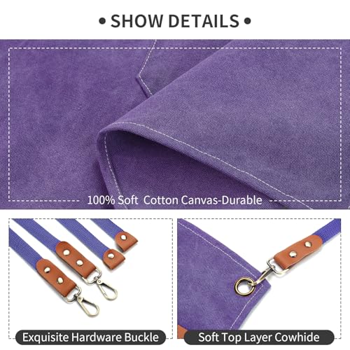 Chef Apron Cotton Canvas Cross Back Apron with Pockets for Women and Men (Purple)