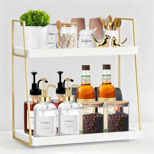 Coffee Bar Organizer for Countertop (White+gold)