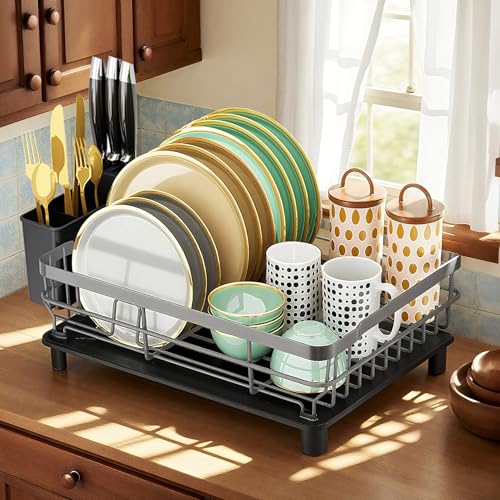 Dish Drying Rack with Drainboard for Kitchen Counter (Gray / 13''W x 17''L)