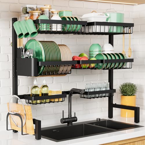 Adjustable Over The Sink Dish Drying Rack (Black / X-Large)