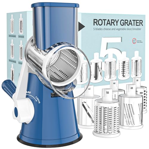 Rotary Cheese Grater Hand Crank Cheese Shredder for Fresh Cheese (5 BLADES / Dark Blue)