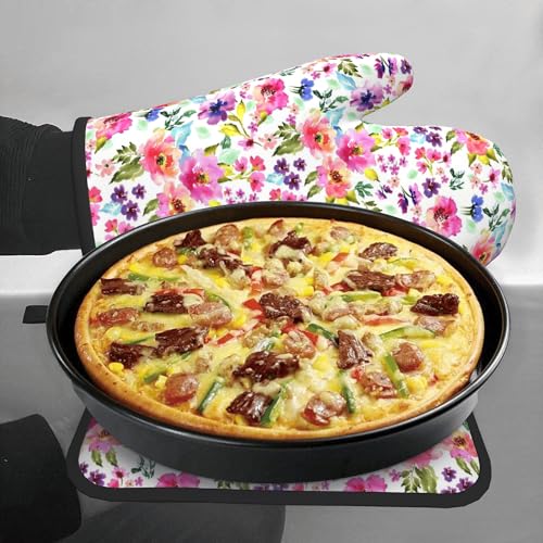 Floral Oven Mitts and Pot Holders Sets Spring Summer Kitchen Mitts Colorful Blossom Potholders 2PCS Wildflower Oven Gloves Hot Pads for Kitchen Baking Cooking (Multicolor Spring Summer Flowers)