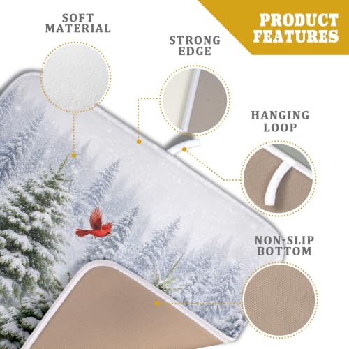Winter Decorative Dish Drying Mat for Kitchen Sonwy Green Pine Trees Red Birds Dish Drainer Mats 16x18inch Xmas Nature Forest Snow Dish Drying Rack Pad Protector for Countertop Dining (18" x 16")