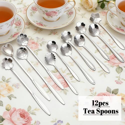 12 Pcs Flower Coffee Tea Spoons Set with Storage Bag (Silver)