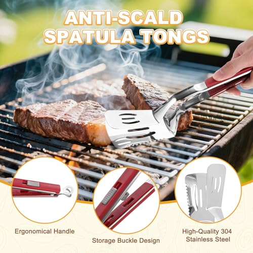 Spatula Tongs (Red Handle, Silver Tone)