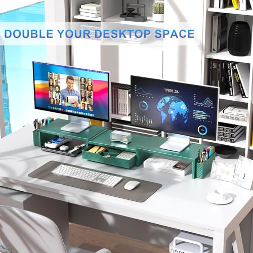 Dual Monitor Stand Riser With Drawer and 2 Pen Holders (Green)