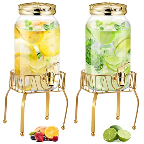 2 Pcs Plastic Drink Dispenser with Metal Stand 1 Gallon (Gold)