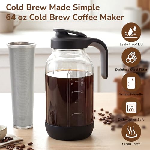 64 oz Cold Brew Coffee Maker with Stainless Steel Filter (Black/Black / 64 Ounces)
