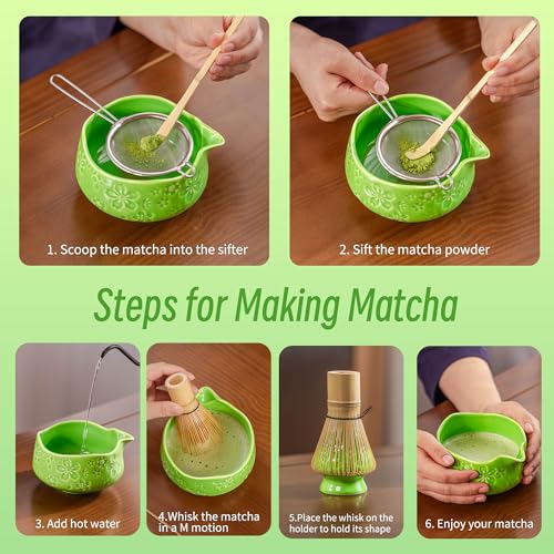 7 PCS Green Matcha Whisk Set (Green Cherry Blossom / 7 pcs/set, Bowl with Pouring Spout)