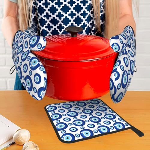 Blue Evil Eyes Oven Mitts and Pot Holders Sets of 3 Funny Hot Pads Heat Resistant Non Slip Washable for Cooking Grilling Baking BBQ Kitchen Decor (Blue)