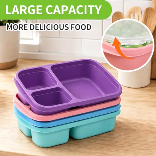 4 Pack Bento Lunch Box Set 3 Compartment Food Storage Containers Wheat Straw Meal Prep Lunch Box Plastic Food Storage Containers (4 Pack (Vivid Colors))