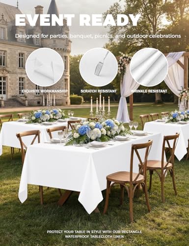 Faux Linen White Table Cloths for 4 Ft Rectangle Tables (White / 84" x 60"-6 Pack)