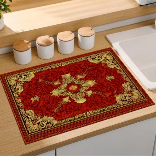 Luxury Baroque Red Dish Drying Mat 18x24 Inch (12 / 18" x 24")