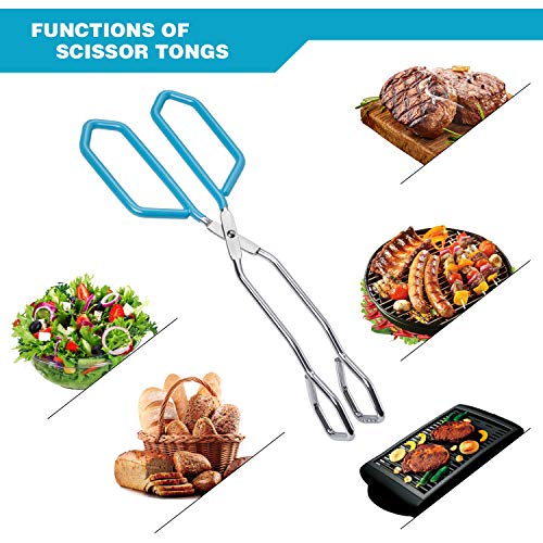 Stainless Steel Scissor Tongs Heavy Duty Cooking Tongs with Soft Handles (blue 11")