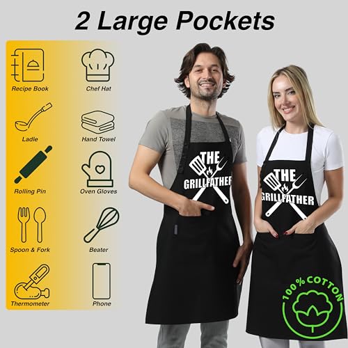 Kitchen Apron Cotton Waterdrop Resistant Adjustable Button Women Men (Black - the Grillfather)