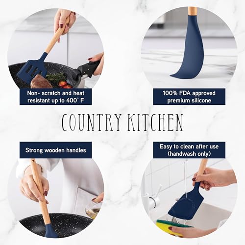 Non Stick Silicone Utensil Set with Rounded Wood Handles for Cooking and Baking (14 Piece Set / Navy)