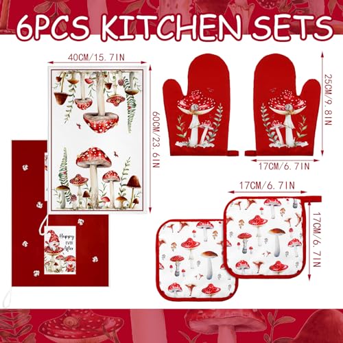 6 Pcs Mushroom Kitchen Towels Oven Mitts and Pot Holders (Red, Black / Christmas Mushroom Theme)