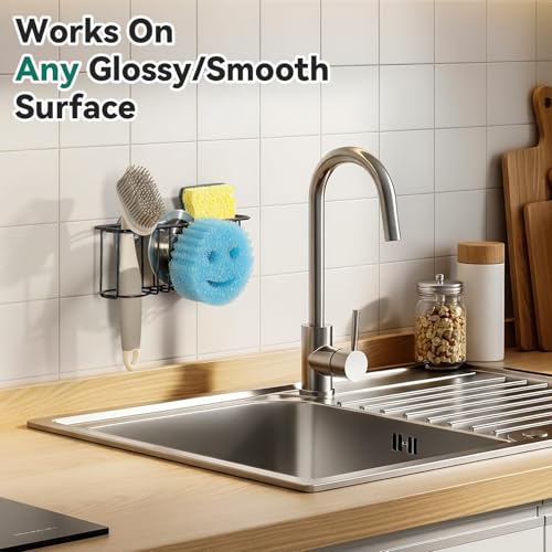 3-IN-1 Multiuse Sponge Holder for Kitchen Sink, Sponge Caddy for Scrub Daddy/Scrub Mommy Smiley Face, Sink Organizer Accessories for Dish Brush, Scrubber - with 2 Suction Cups & 1 Adhesive Hook (3-in-1 / Black Smiley Face)