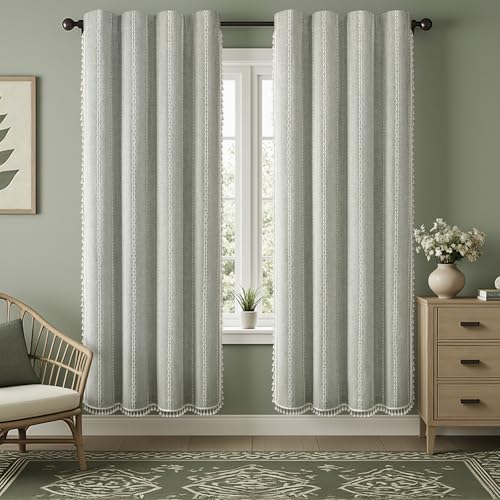 Sage Green Boho Blackout Curtains 84 Inch 2 Panels with Tassels (Sage Green / 52"W x 84"L (Pack of 2))