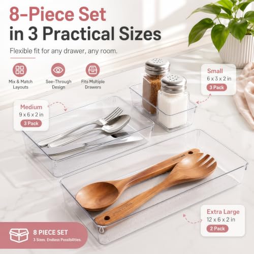 8 Pack Large Clear Plastic Drawer Organizer Trays (Clear / 8 Pack)