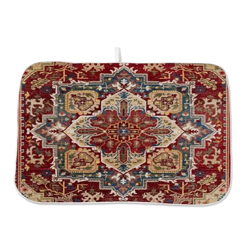 Burgundy Red Dish Drying Mat 18 x 24 inch Bohemian Rug Carpet Decorative Drying Mats Microfiber Absorbent Boho Dish Washable Draining Mat for Kitchen Counter Decor (18" x 24" / Burgundy Red Boho)