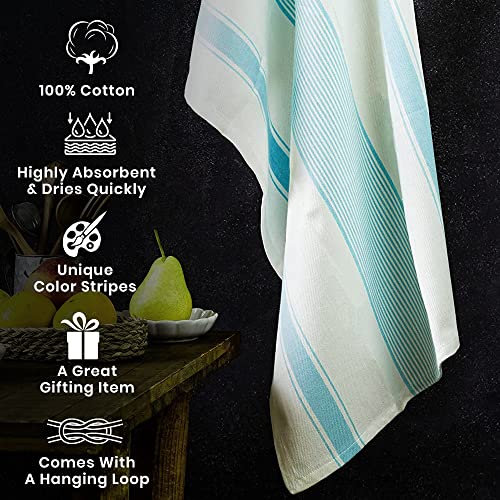 Stripe Kitchen Towels Decor Hanging Loop Dish Towels Boho Stripe Absorbent Festive Gift Set of 6 Pantry Kitchen Reversible 18x28 in Dish Towels (Turquoise)