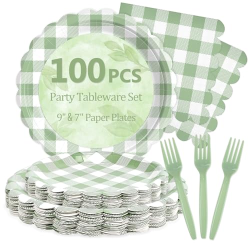 Sage Green Gingham Paper Plates and Napkins Disposable Set for Baby Shower (Sage Green Gingham 100 Plate Set / 7 & 9-inch Set)