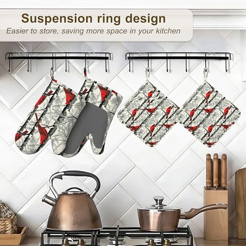 Red Cardinal Birds Oven Mitts and Pot Holders Set of 4 (Red Cardinal Birds)