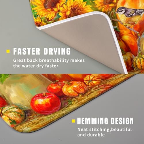 Vintage Fall Autumn Dish Drying Mat 16"x18" Small Rustic Pumpkin Sunflower Bird Dish Drainer Mats Thanksgiving Farmhouse Reversible Dish Drying Pad for Kitchen Countertop Dining Room (18" x 16")