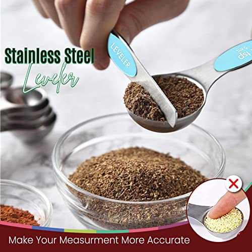 Magnetic Measuring Spoons Set of 9 Stainless Steel Dual (Blue (Aqua Sky))
