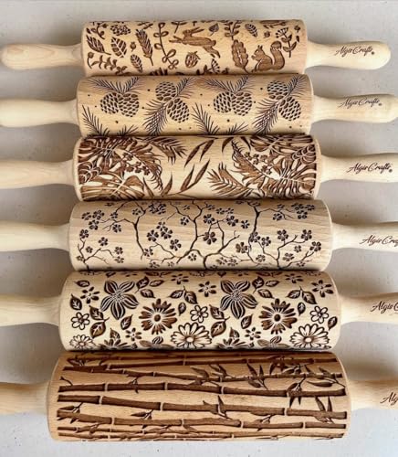 BAMBOO Embossed Rolling Pin for Ceramic. Clay Roller and Ceramic Stamp for Embossing Pottery. Baking Gifts for Women by Algis Crafts for Embossed Cookies