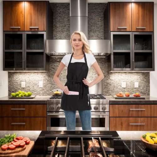 Adjustable Waterproof Aprons with 3 Pockets for Men Women (Black)
