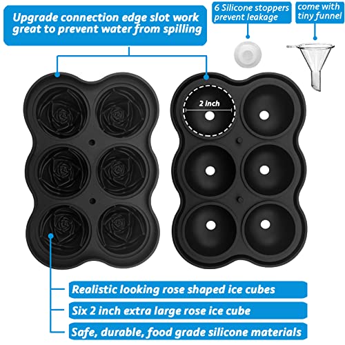 Rose Ice Cube Tray 2 Inch [1 Mold + 1 Funnel + 6 Stoppers] (Six 2-inch Rose Ice (Black) / 1 Pack Rose Ice Cube Tray)