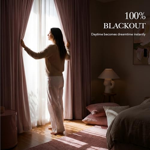 Pink 100%Blackout Linen Curtains for Girl's Room W52 x L96 (Pink / 52"W x 96"L (Pack of 2))
