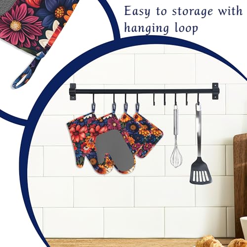 Colourful Flowers Potholders & Oven Mitts Sets Spring Floral Silicone Heat Resistant Oven Mits and Hot Pads Non (Colourful Flowers,spring Floral)