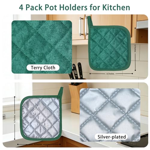 4 Pack Pot Holders for Kitchen Clearance Oven Potholders Sets for Kitchens Hot Pads for Kitchen Countertops Heat Resistant Dark Green (Dark Green)