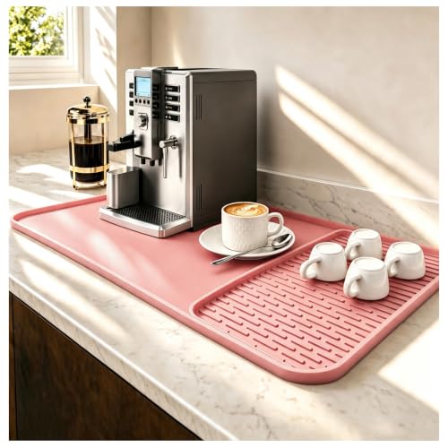 2 In 1 Silicone Coffee Bar Mat Accessories for espresso Machine with Detachable Dish Drying Mat Easy to Clean Kitchen Cafetera Barista Tools Pink Home Decor Cut Girls Anniversary Gifts (Pink / 16" x 16")