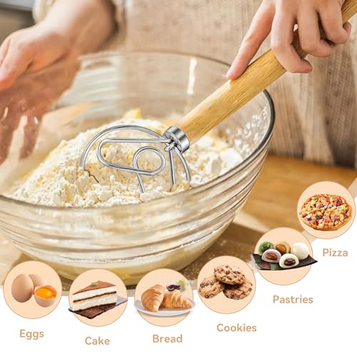 Danish Dough Whisk Dutch Bread Mixer Stainless Steel Hook Wooden Handle Baking Tools for Sourdough Pizza Pastry Cake Batter Making (White Wax Wood-XX / 1 Pack)