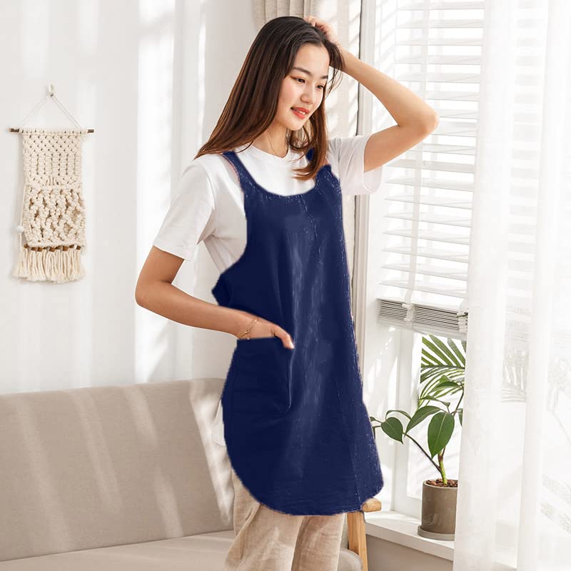 Cotton Cross Back Aprons Solid Color Cooking Kitchen Garden Smock for Women Girls with Pockets (Navy Blue / 37W x 32L)