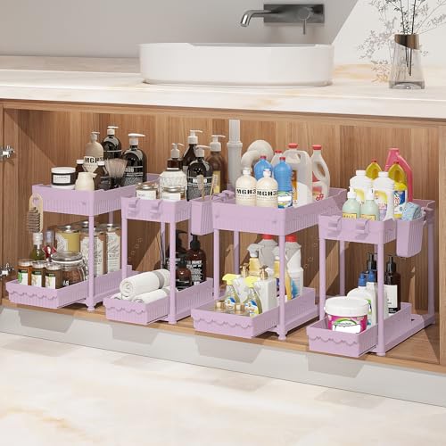 4-Pack 2-Tier Under Sink Organizer with Pull Out Drawers (Pink / 14.8 Inch)