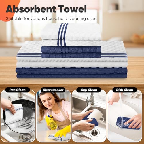 Oven Mitts Kitchen Towels and Dishcloths with Pot Holders Sets (Marine Blue)